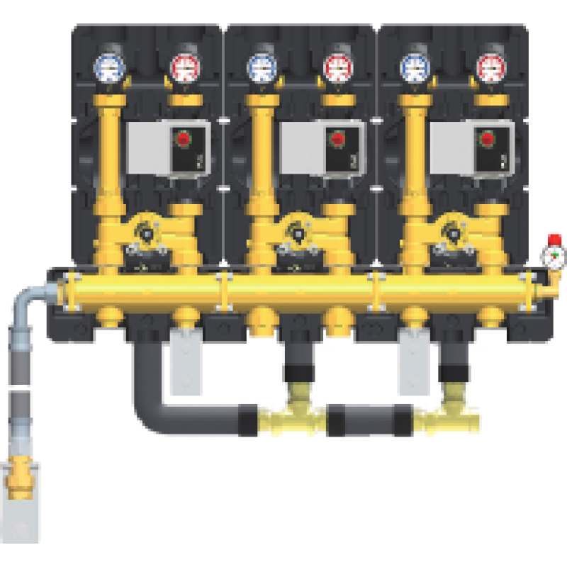 Groupe de 3 HeatBloC K35 avec collecteur modulaire - DN 25, SANS servomoteurs (pilotage manuel de chaque circuit)