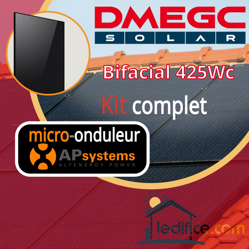 Kit photovoltaïque 1.275 kW DMEGC N-TYPE 425Wc Bi Verre Bifacial avec 3 panneaux DMEGC Module N-TYPE 425Wc Bi Verre Bifacial - Cadre noir  avec micro-onduleur APSystems
