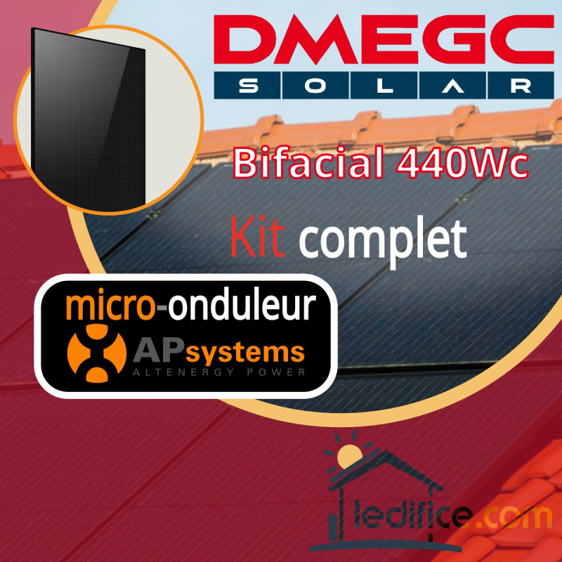 Kit photovoltaïque 1.32 kW DMEGC N-TYPE 440Wc Bi Verre Bifacial avec 3 panneaux DMEGC Module N-TYPE 440Wc Bi Verre Bifacial - Cadre noir  avec micro-onduleur APSystems