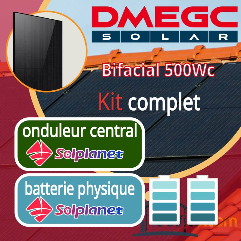 Kit photovoltaïque 5 kW DMEGC N-TYPE 500Wc Bi Verre Bifacial avec 10 panneaux DMEGC Module N-TYPE 500Wc Bi Verre Bifacial - Cadre noir avec onduleur central 5kVA et batteries 5.12kWh Solplanet