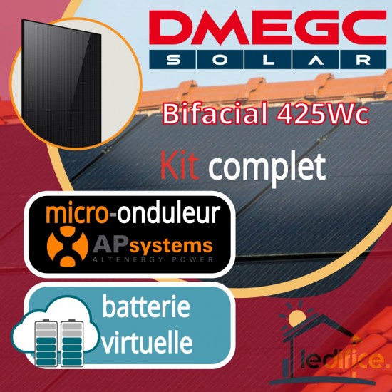 Kit photovoltaïque 6.375 kW DMEGC N-TYPE 425Wc Bi Verre Bifacial avec 15 panneaux DMEGC Module N-TYPE 425Wc Bi Verre Bifacial - Cadre noir  avec micro-onduleur APSystems, compatible batterie virtuelle