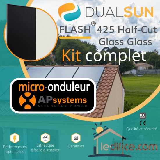 Kit photovoltaïque 2.55 kW Dualsun FLASH Half-Cut TR avec 6 panneaux Dualsun FLASH 425 Half-Cut Transparent, TRIPHASE avec micro-onduleur APSystems