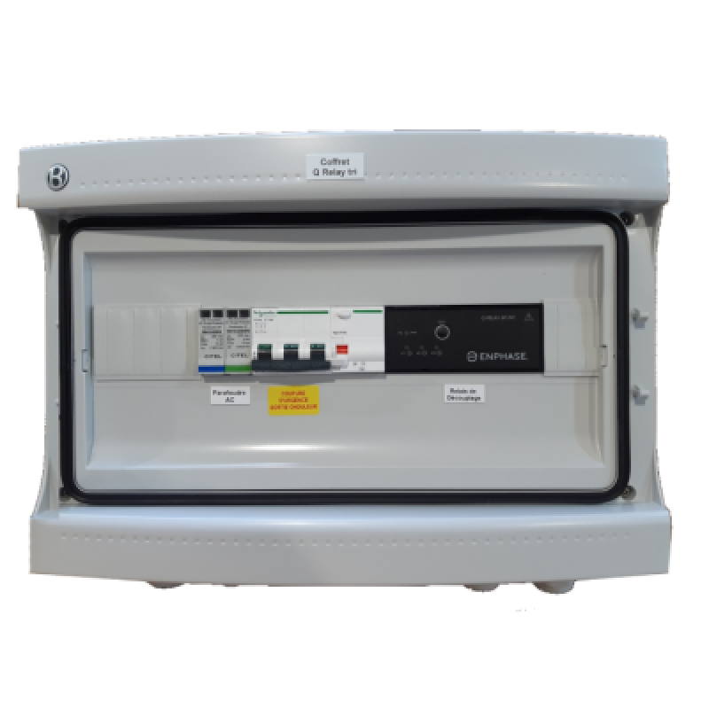 Coffret de protection AC de 4 à 6 kW monophasé avec 2 disjoncteurs différentiels 30 mA, disjoncteur général et parafoudre 2 x 20A / 230V avec 2 Q Relay intégrés
