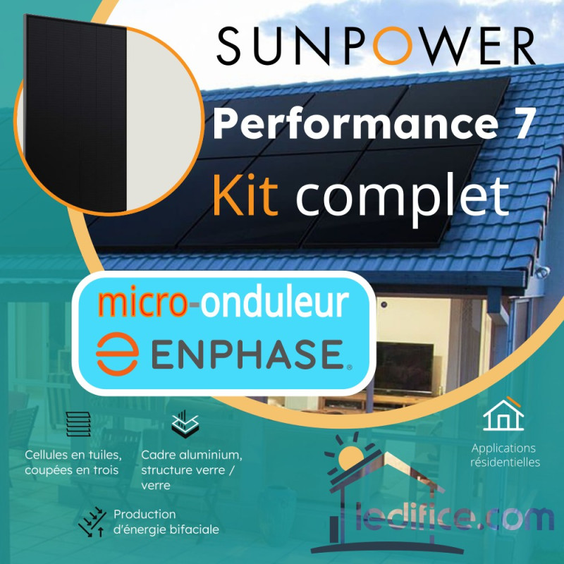 Kit photovoltaïque 2 kW SUNPOWER Performance 7 Bifacial avec 4 panneaux Sunpower Performance 7 500Wc Biverre Bifacial, TRIPHASE onduleur Enphase