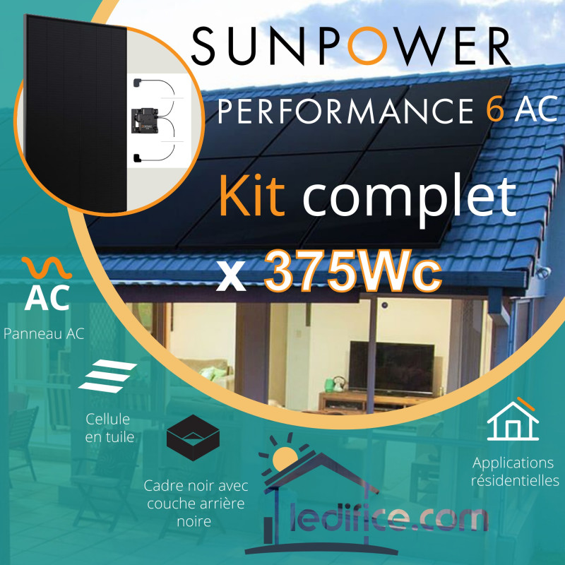 Kit photovoltaïque 6 kW SUNPOWER Performance 6 AC avec 16 panneaux Sunpower Performance 6 AC 375Wc , Full Black, micro-onduleur Enphase IQ8-A incorporé 