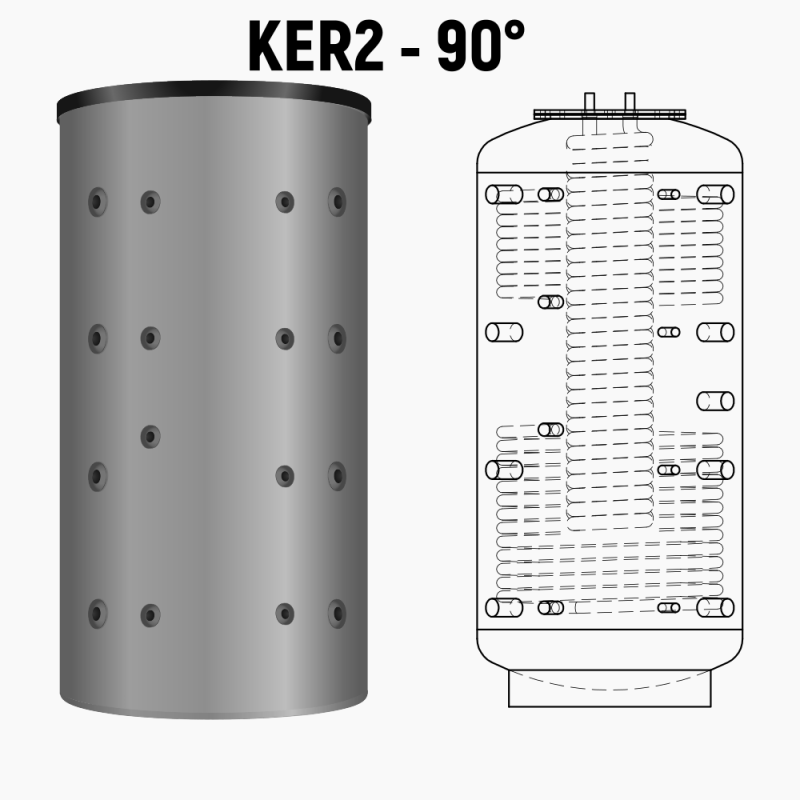 Ballon tampon combiné multifonctionnel hygiénique à production instantanée d'eau chaude sanitaire KER2 1079, anti-légionelle, volume 1079 litres avec 29 litres d'ECS instantanée, avec deux registres de chauffe, version angle 90°