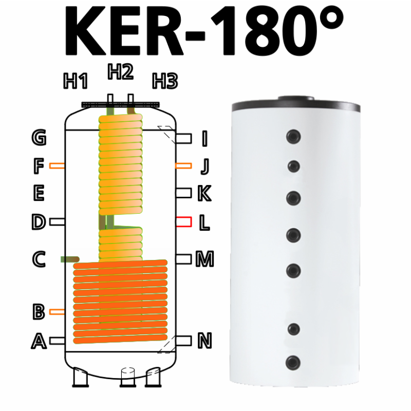 Ballon tampon combiné multifonctionnel hygiénique à production instantanée d'eau chaude sanitaire KER 1000, anti-légionelle, volume 1000 litres avec 29 litres d'ECS instantanée, avec un simple registre de chauffe
